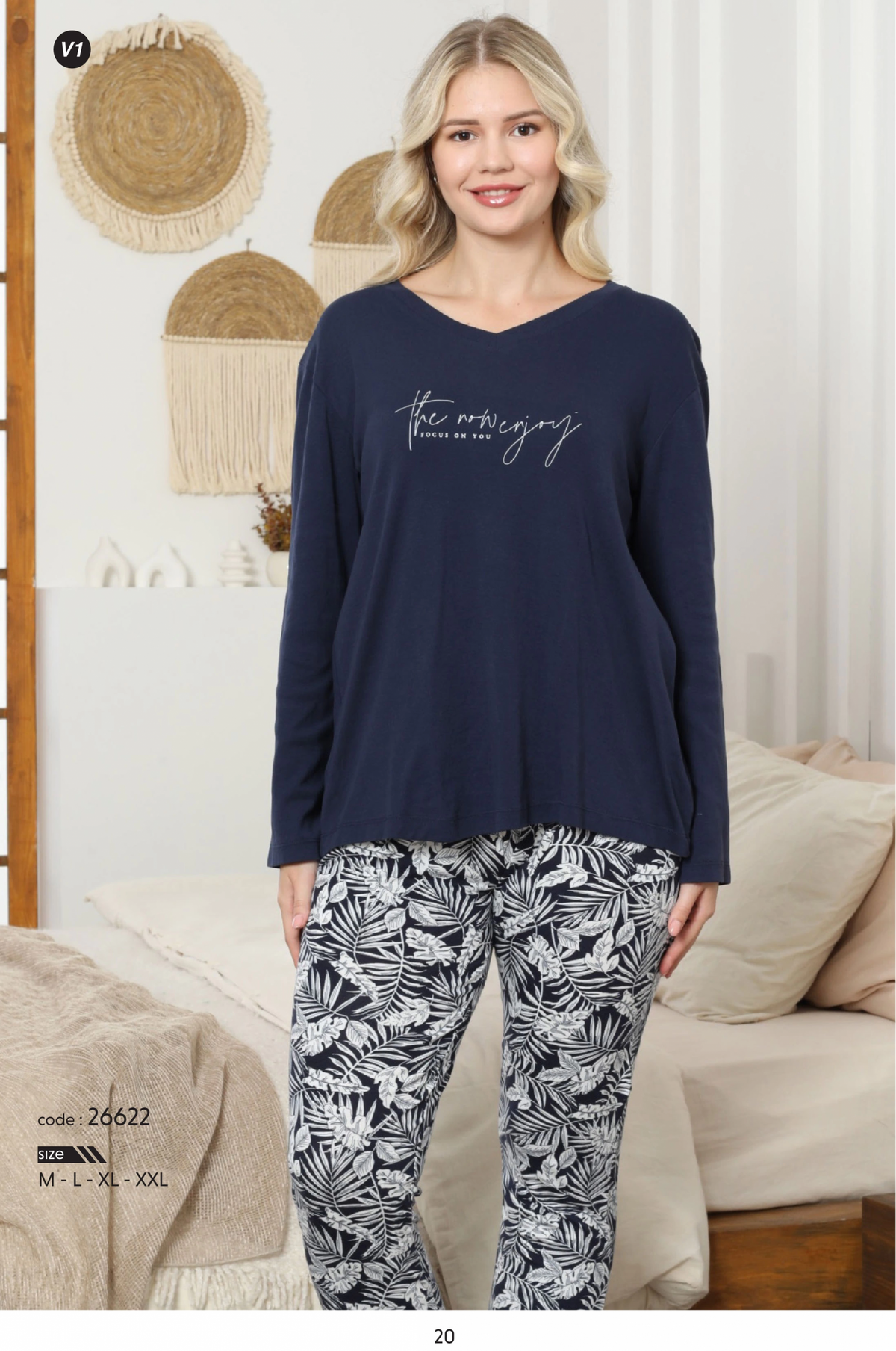 Ensemble pyjama bleu marine Limissi pour femme, haut à col en V, référence 26622