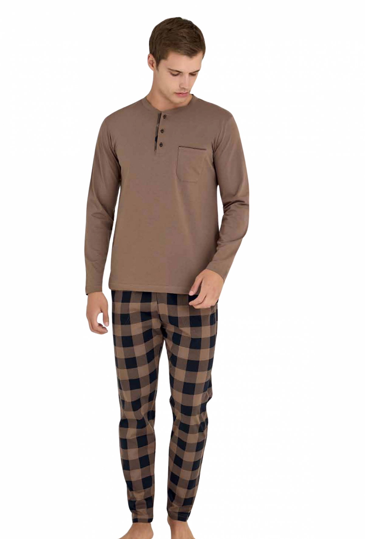 KLY Battal Men's Winter Pajama Set, Nescafe Color, 9108, 100% Cotton