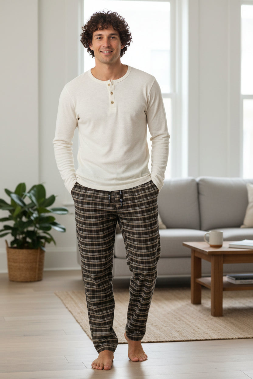 Pijalux Men's Checkered Poplin Pocketed Bottom Pajamas