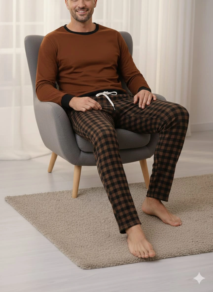 Pantalon d'intérieur d'hiver Pijalux en popeline épaisse à carreaux, à ourlet simple