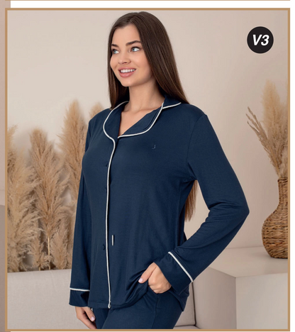 Limissi Front Button Women's Pajamas Navy Blue 26611
