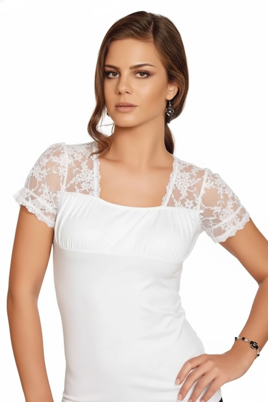 T-shirt transparent à manches courtes pour femme avec épaules en dentelle 2184