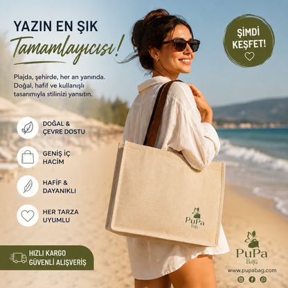 PUPA Kadın Plaj Çantası- Jüt Kumaş Ham Renk Yumuşak Saplı ve Astarlı
