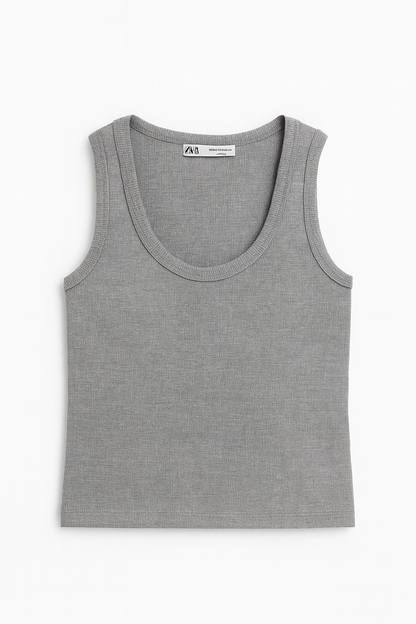 Crop top with thick straps, grey color.