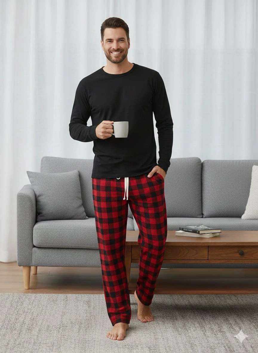 Pijalux Single Bottom Plaid Thick Poplin Winter Home Pants