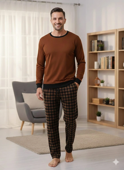 Pantalon d'intérieur d'hiver Pijalux en popeline épaisse à carreaux, à ourlet simple