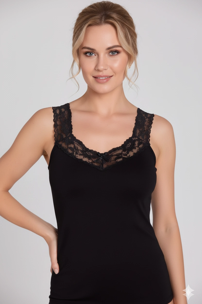 Sahinler Lace Collar and Straps Rib Undershirt B605