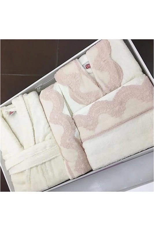 Taç Alcanlar Lace Patterned Family Size Bathrobe Set Lilac and Gray Color